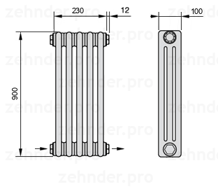 Схема (чертеж) Радиатор Zehnder Charleston 3090/5 №2670 Белый глянцевый RAL 9016